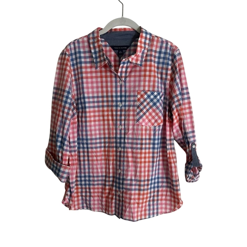 Tommy Hilfiger Heritage Shirt Red Blue‎ L Women Gingham Roll Tab NEW